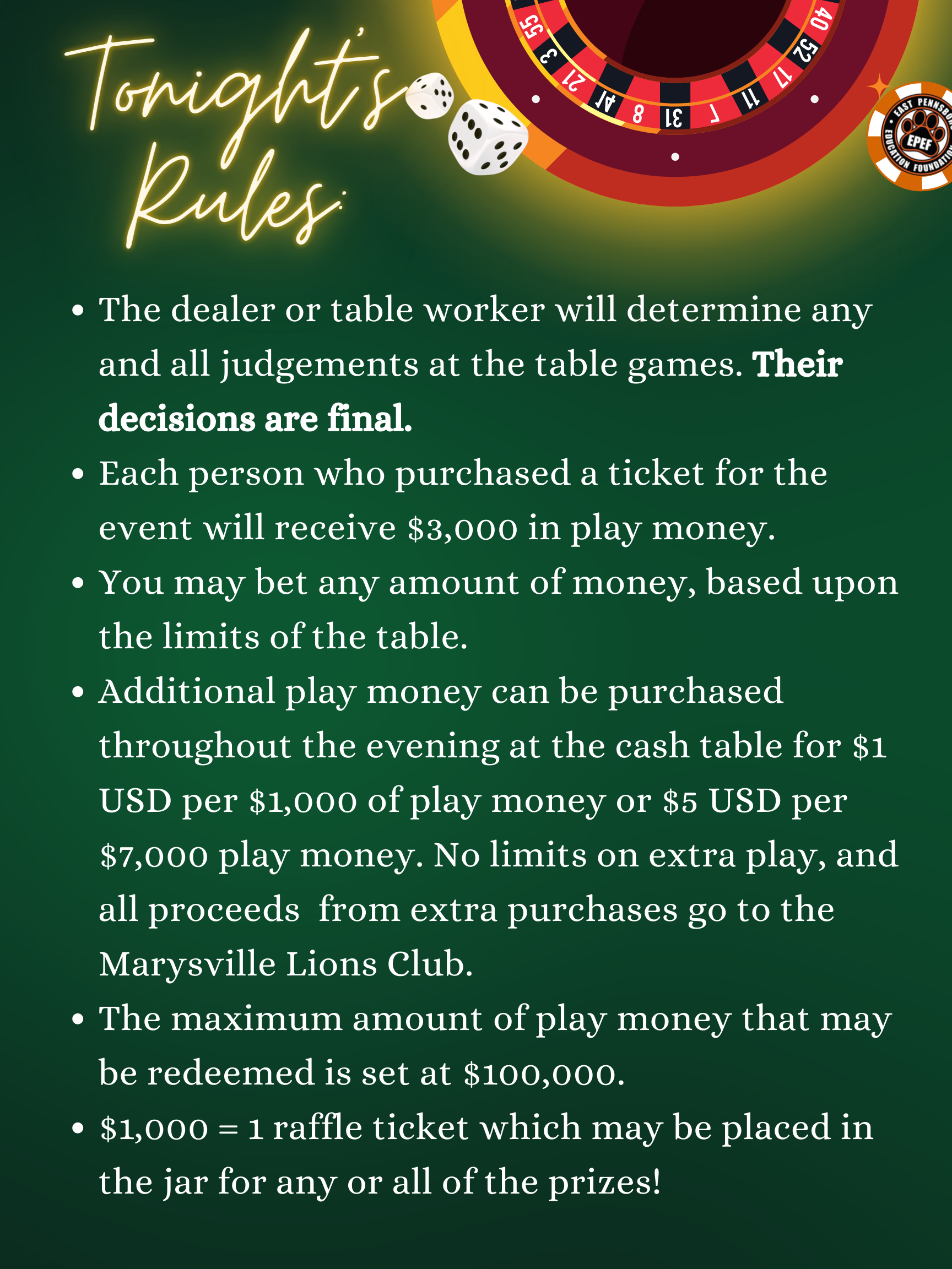 Monte Carlo Night Rules East Pennsboro Education Foundation